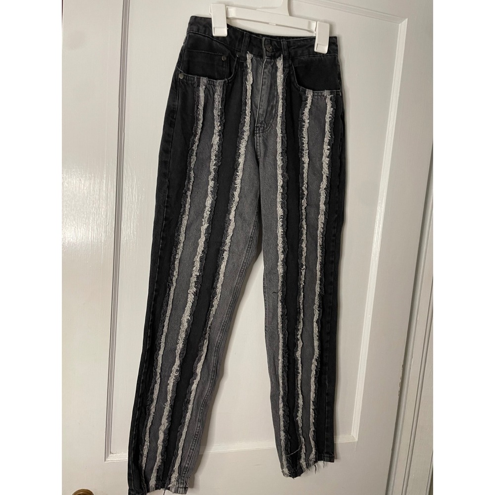 Ragged Jeans Black Gray High Waisted Distressed Stripe‎ Punk Rock Denim